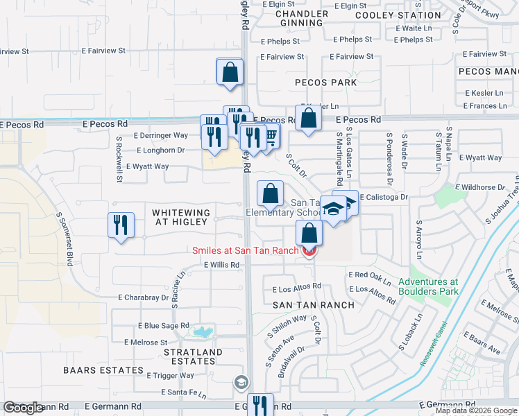 map of restaurants, bars, coffee shops, grocery stores, and more near 3236 East Sandy Way in Gilbert
