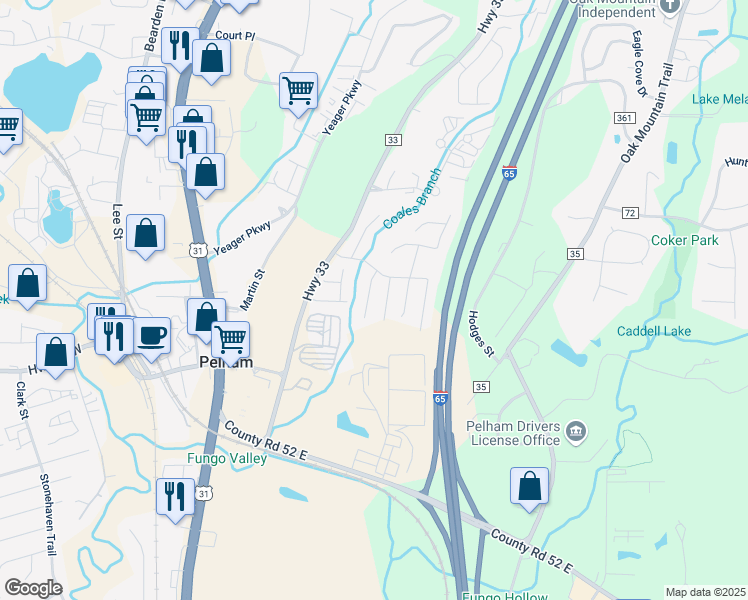 map of restaurants, bars, coffee shops, grocery stores, and more near 117 Hidden Creek Parkway in Pelham