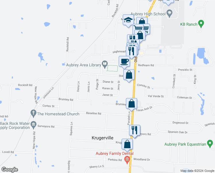 map of restaurants, bars, coffee shops, grocery stores, and more near 1010 Karen Street in Aubrey