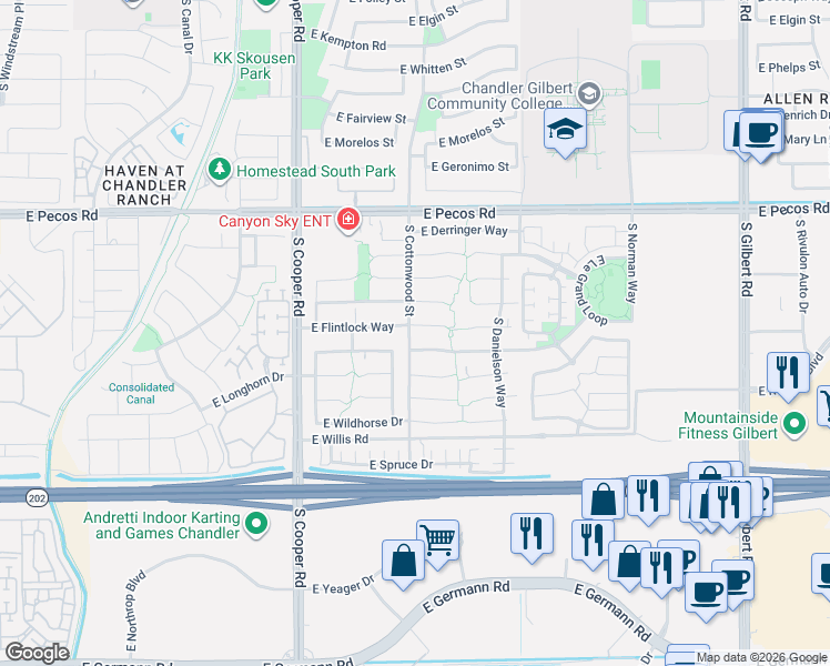 map of restaurants, bars, coffee shops, grocery stores, and more near 2257 East Flintlock Place in Chandler
