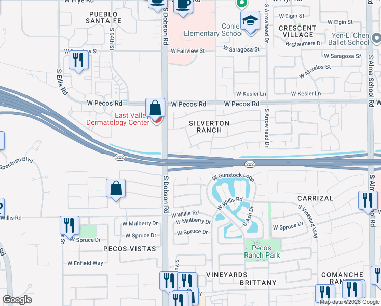 map of restaurants, bars, coffee shops, grocery stores, and more near 1931 West Winchester Way in Chandler