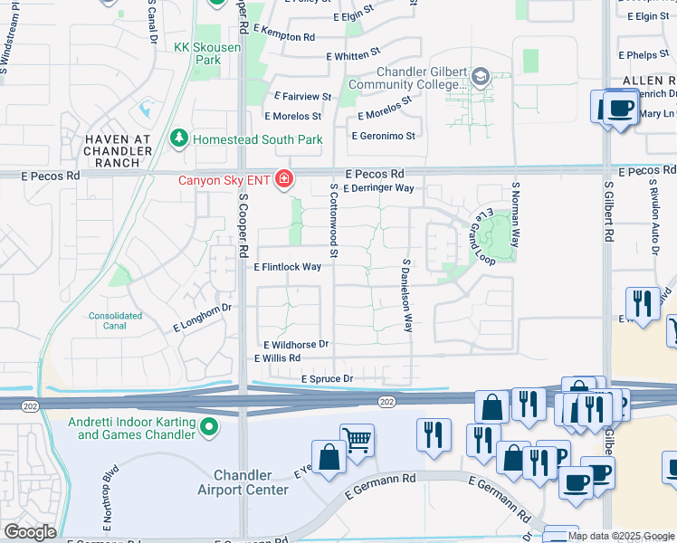 map of restaurants, bars, coffee shops, grocery stores, and more near 2257 East Flintlock Place in Chandler