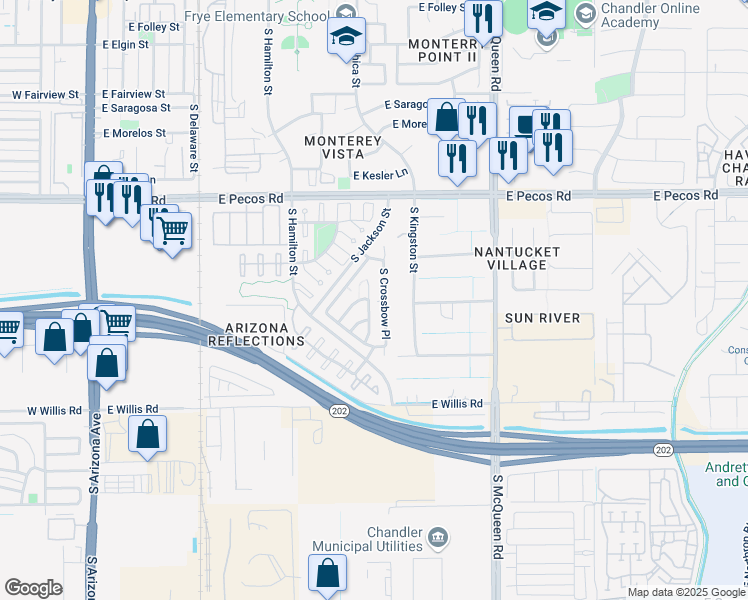 map of restaurants, bars, coffee shops, grocery stores, and more near 1213 South Anvil Place in Chandler