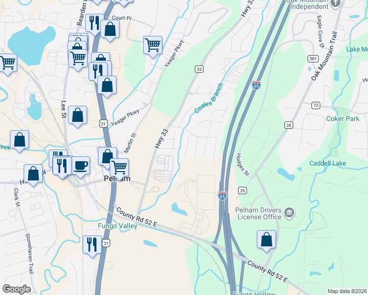 map of restaurants, bars, coffee shops, grocery stores, and more near 212 Hidden Creek Drive in Pelham