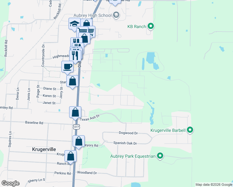 map of restaurants, bars, coffee shops, grocery stores, and more near 1000 Eastland Lane in Aubrey