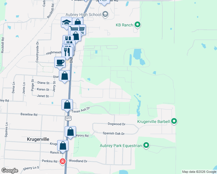 map of restaurants, bars, coffee shops, grocery stores, and more near 1021 Crockett Street in Aubrey