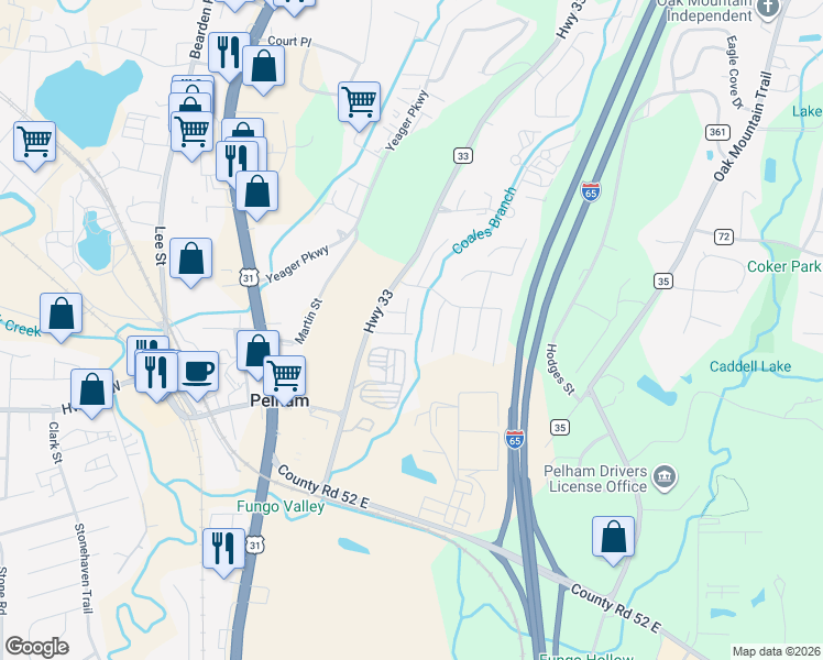map of restaurants, bars, coffee shops, grocery stores, and more near 200 Coales Branch Lane in Pelham