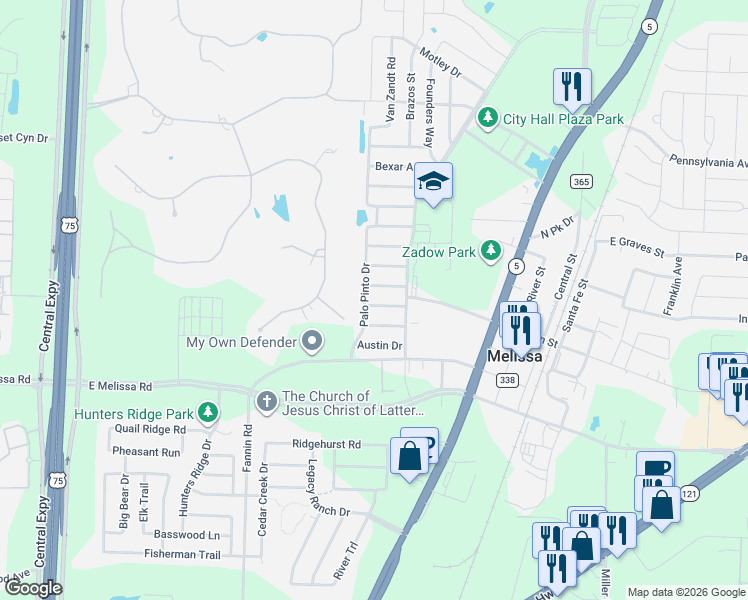 map of restaurants, bars, coffee shops, grocery stores, and more near 1102 Chambers Lane in Melissa