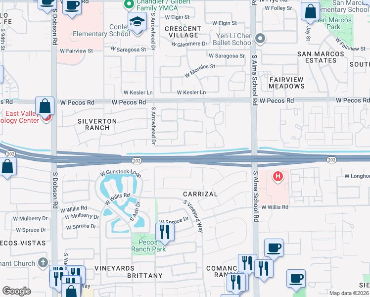 map of restaurants, bars, coffee shops, grocery stores, and more near 1361 West Flintlock Way in Chandler