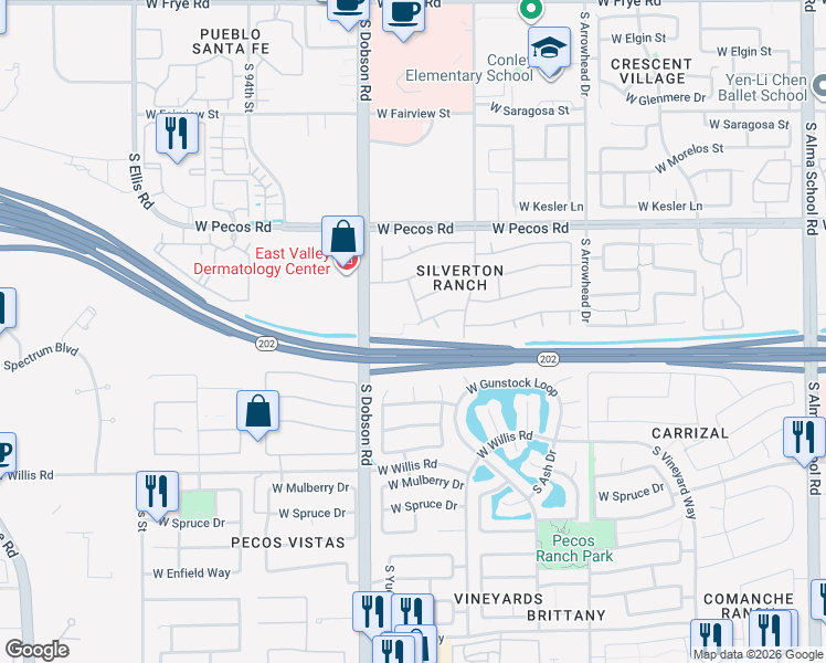 map of restaurants, bars, coffee shops, grocery stores, and more near 1931 West Winchester Way in Chandler