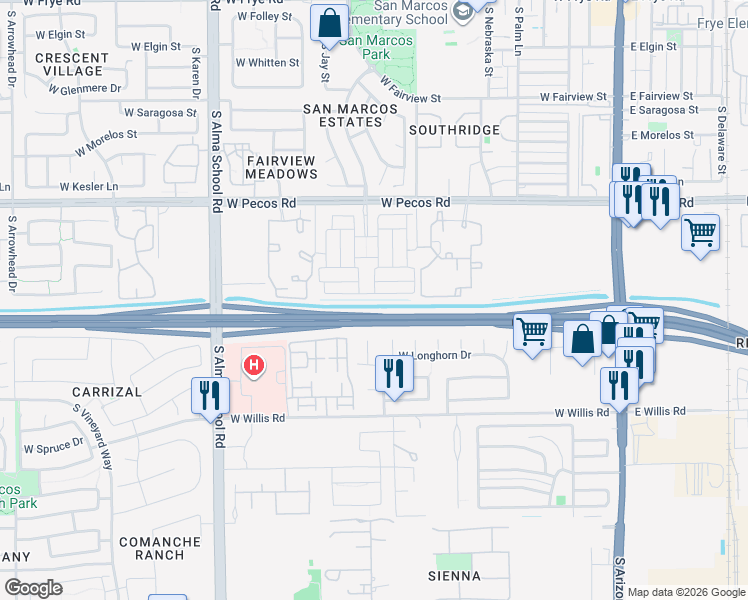 map of restaurants, bars, coffee shops, grocery stores, and more near 681 Flintlock Way in Chandler