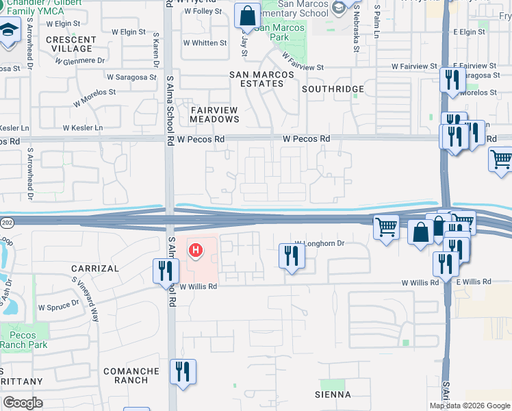 map of restaurants, bars, coffee shops, grocery stores, and more near 751 Flintlock Way in Chandler