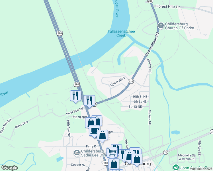 map of restaurants, bars, coffee shops, grocery stores, and more near 15 Lakeside Drive in Childersburg