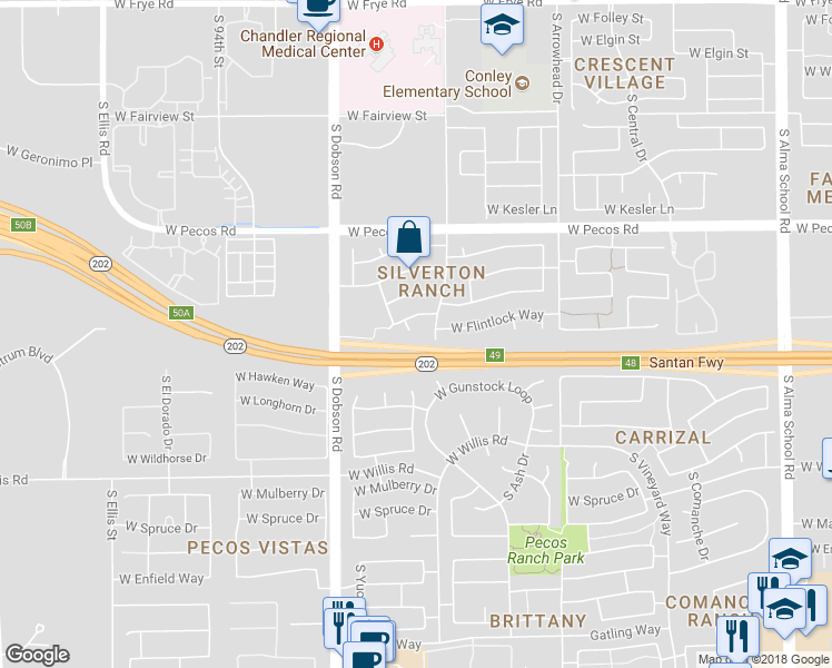 map of restaurants, bars, coffee shops, grocery stores, and more near 1237 South Cholla Court in Chandler
