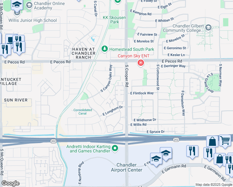 map of restaurants, bars, coffee shops, grocery stores, and more near 1251 South Amber Street in Chandler