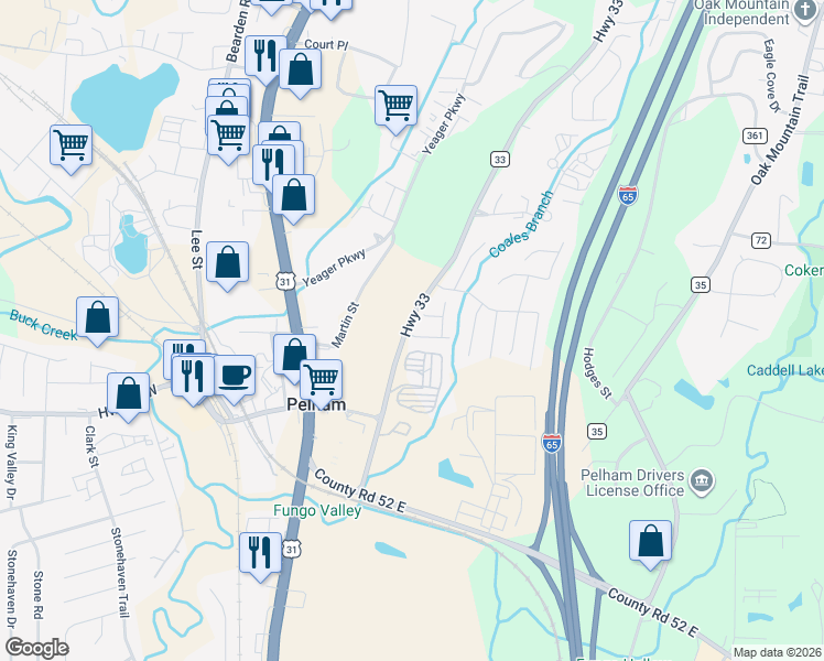 map of restaurants, bars, coffee shops, grocery stores, and more near 101 Coales Branch Drive in Pelham
