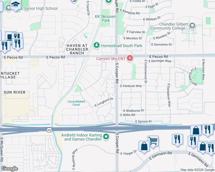 map of restaurants, bars, coffee shops, grocery stores, and more near 1251 South Amber Street in Chandler