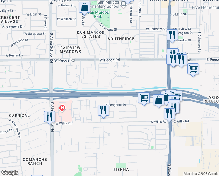 map of restaurants, bars, coffee shops, grocery stores, and more near 609 Flintlock Way in Chandler