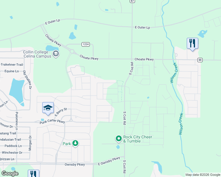 map of restaurants, bars, coffee shops, grocery stores, and more near Whipsaw Trail in Celina
