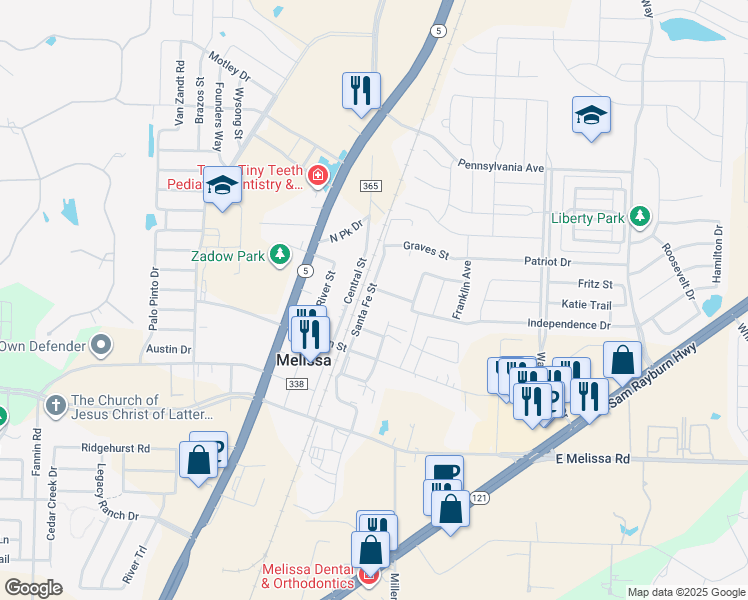 map of restaurants, bars, coffee shops, grocery stores, and more near 3104 Santa Fe Street in Melissa