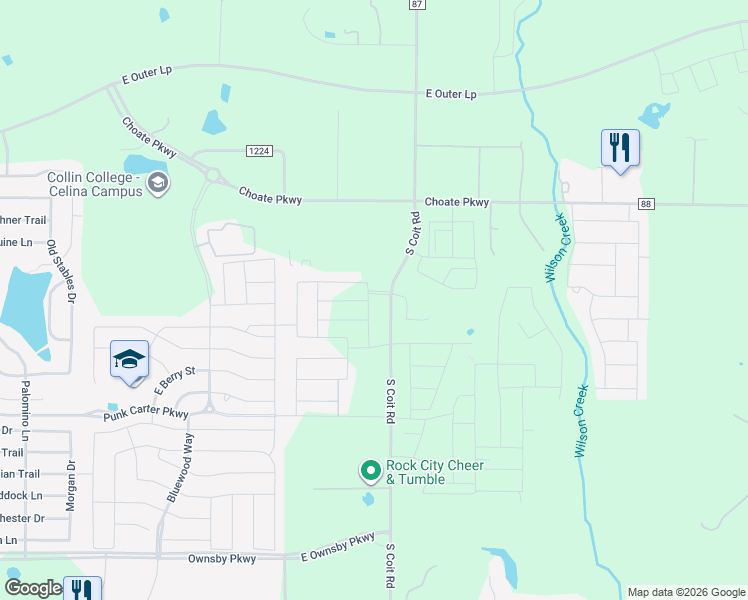 map of restaurants, bars, coffee shops, grocery stores, and more near 4800 County Road 86 in Prosper