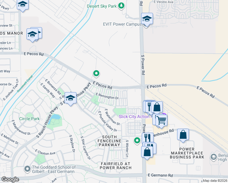 map of restaurants, bars, coffee shops, grocery stores, and more near 3466 South Bandit Road in Gilbert