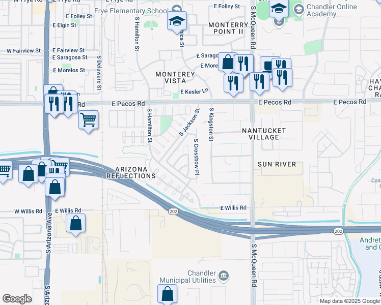 map of restaurants, bars, coffee shops, grocery stores, and more near 1213 South Anvil Place in Chandler