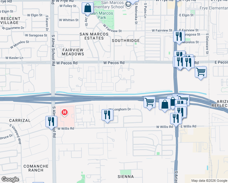 map of restaurants, bars, coffee shops, grocery stores, and more near 609 Flintlock Way in Chandler
