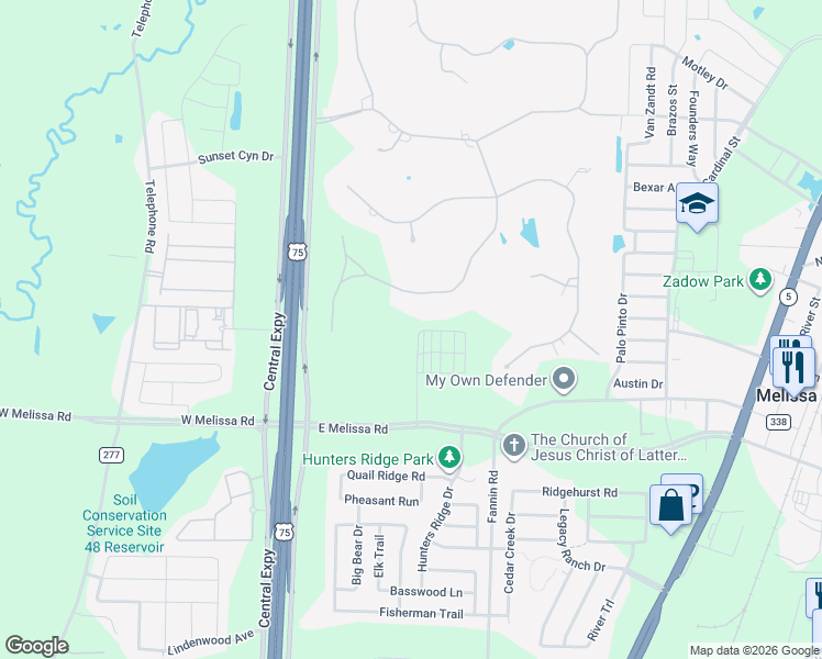 map of restaurants, bars, coffee shops, grocery stores, and more near 51 Country Ridge Road in Melissa