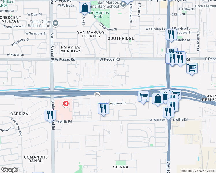 map of restaurants, bars, coffee shops, grocery stores, and more near 609 Flintlock Way in Chandler