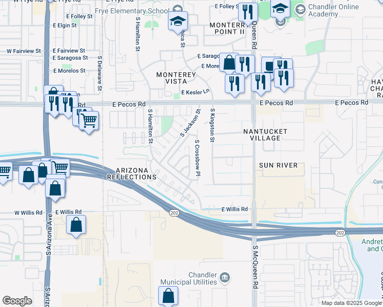 map of restaurants, bars, coffee shops, grocery stores, and more near 1213 South Anvil Place in Chandler