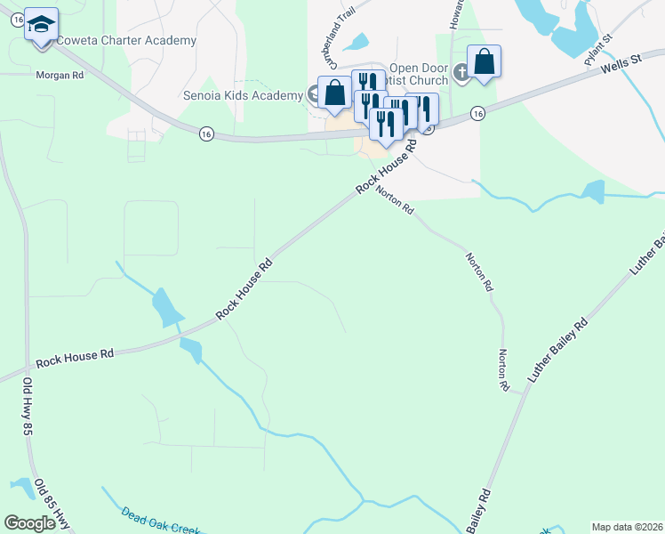 map of restaurants, bars, coffee shops, grocery stores, and more near 208 Rock House Road in Senoia