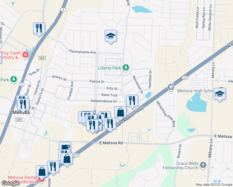 map of restaurants, bars, coffee shops, grocery stores, and more near 2709 Katie Trail in Melissa