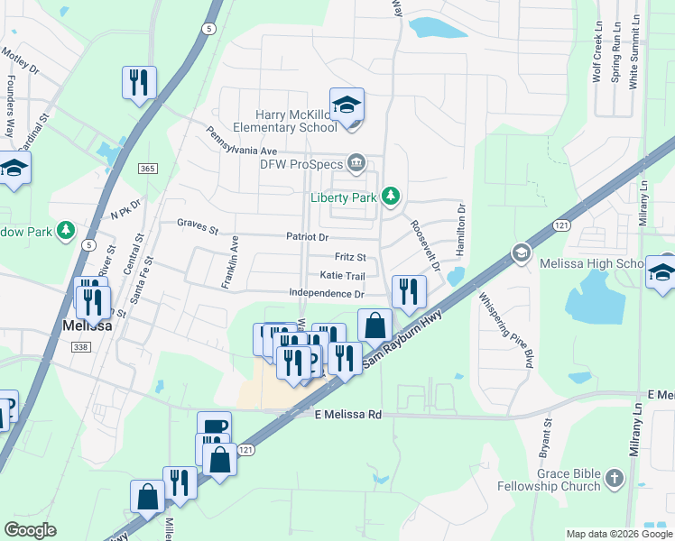 map of restaurants, bars, coffee shops, grocery stores, and more near 2615 Katie Trail in Melissa