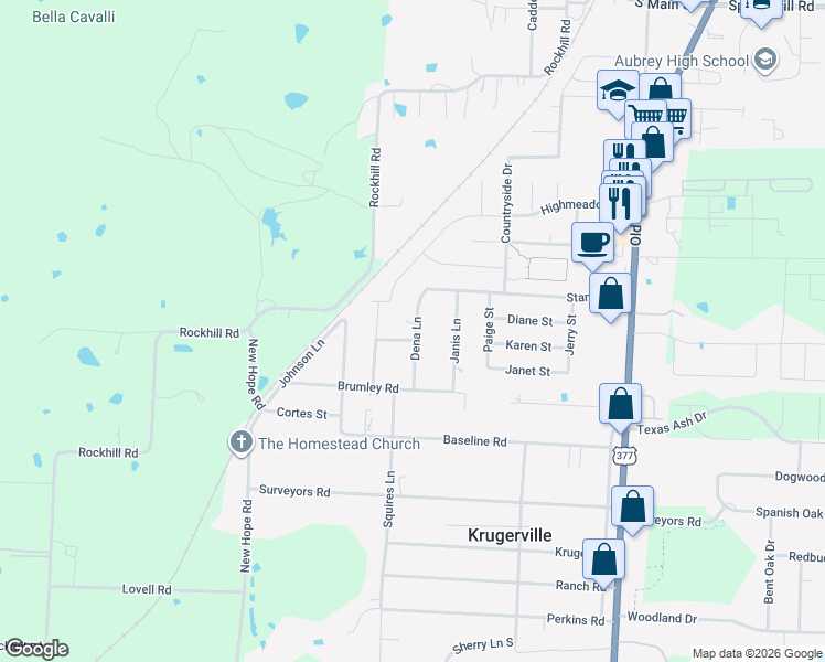 map of restaurants, bars, coffee shops, grocery stores, and more near 304 Dena Lane in Krugerville