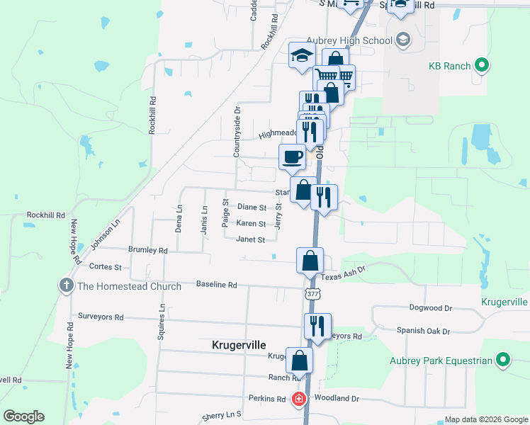map of restaurants, bars, coffee shops, grocery stores, and more near 1000 Karen Street in Aubrey