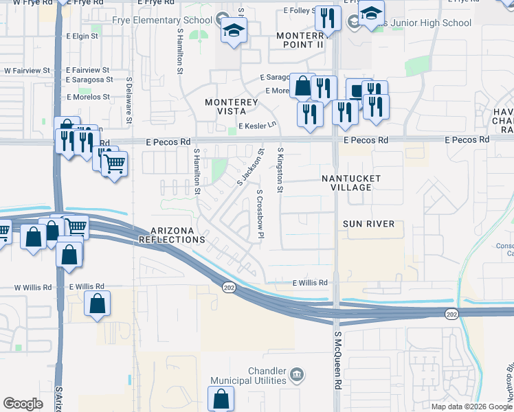 map of restaurants, bars, coffee shops, grocery stores, and more near 1213 South Anvil Place in Chandler