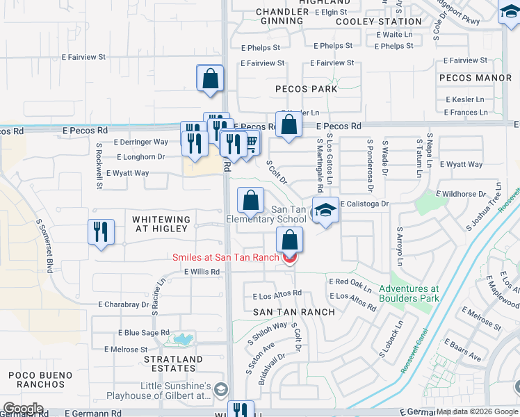 map of restaurants, bars, coffee shops, grocery stores, and more near 3292 East Sandy Way in Gilbert