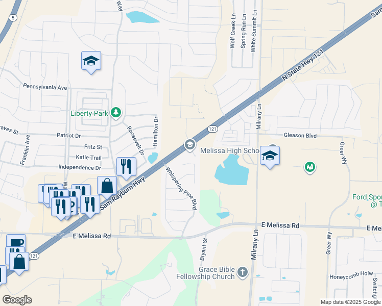 map of restaurants, bars, coffee shops, grocery stores, and more near 3100 Sam Rayburn Highway in Melissa