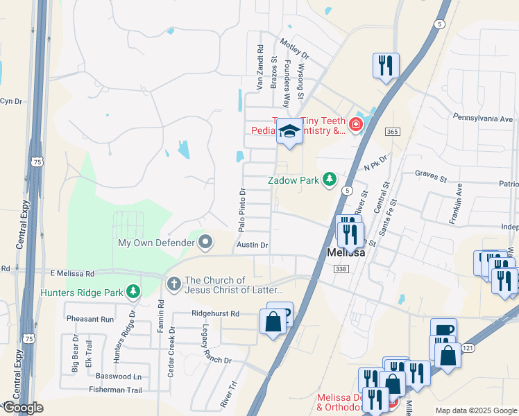 map of restaurants, bars, coffee shops, grocery stores, and more near 1111 Ellis Road in Melissa