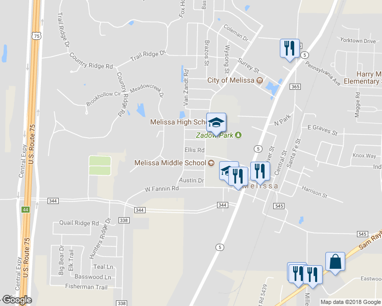 map of restaurants, bars, coffee shops, grocery stores, and more near 1105 Ellis Road in Melissa