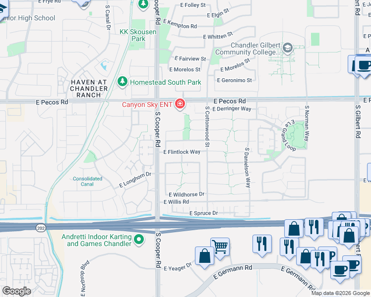 map of restaurants, bars, coffee shops, grocery stores, and more near 2151 East Flintlock Way in Chandler
