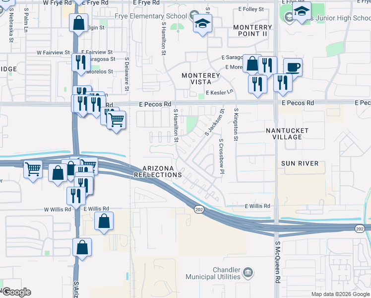 map of restaurants, bars, coffee shops, grocery stores, and more near 671 East Woodsman Place in Chandler