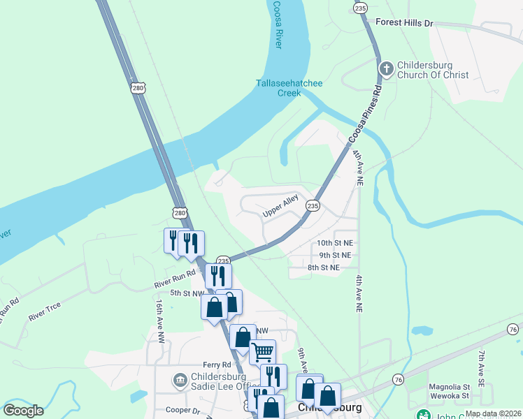 map of restaurants, bars, coffee shops, grocery stores, and more near 15 Lakeside Drive in Childersburg