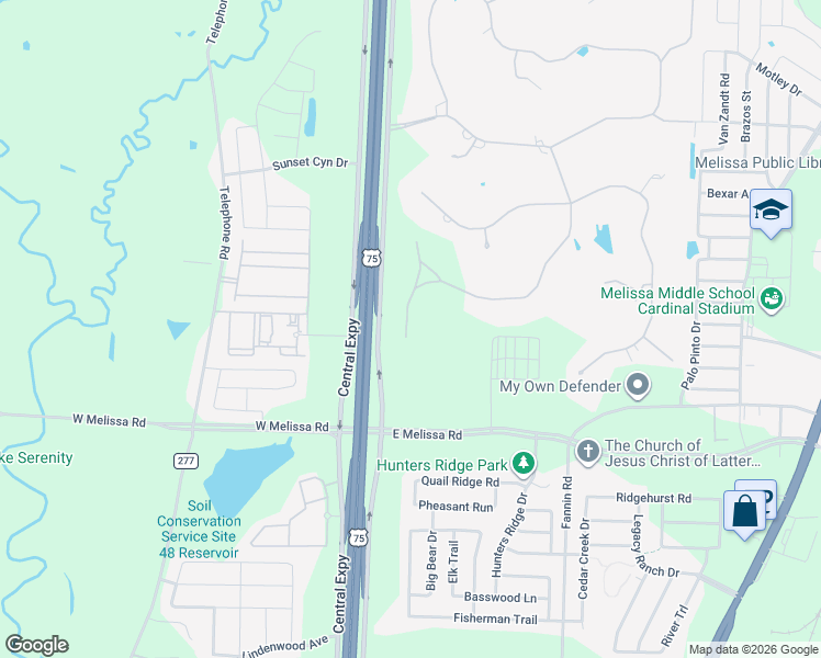 map of restaurants, bars, coffee shops, grocery stores, and more near 6068 Highway 75 Access Road in Melissa