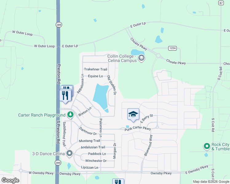 map of restaurants, bars, coffee shops, grocery stores, and more near 2614 Old Stables Drive in Celina
