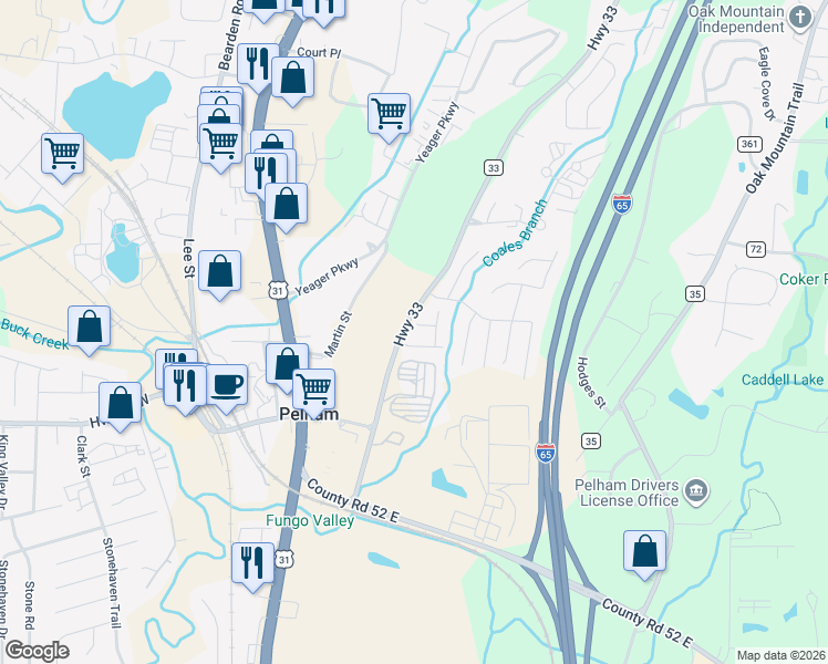 map of restaurants, bars, coffee shops, grocery stores, and more near 101 Coales Branch Drive in Pelham