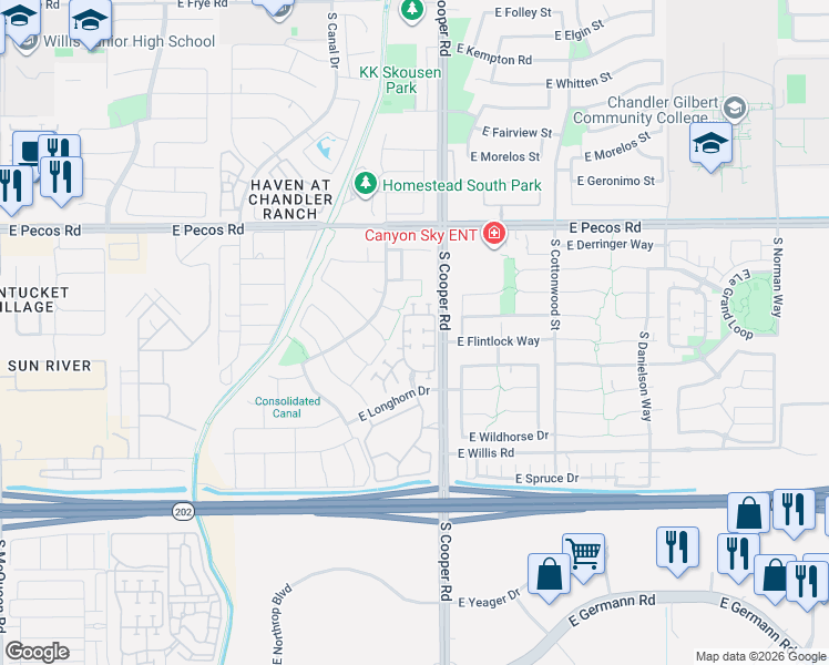 map of restaurants, bars, coffee shops, grocery stores, and more near 1251 South Amber Street in Chandler