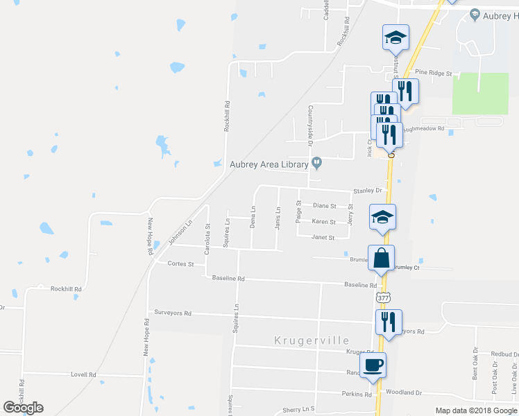 map of restaurants, bars, coffee shops, grocery stores, and more near 301 Dena Lane in Aubrey