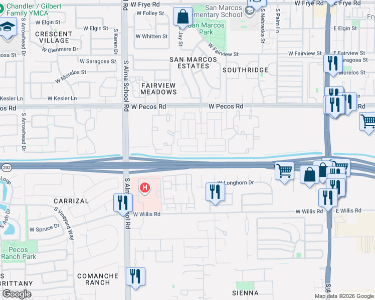 map of restaurants, bars, coffee shops, grocery stores, and more near 751 Flintlock Way in Chandler